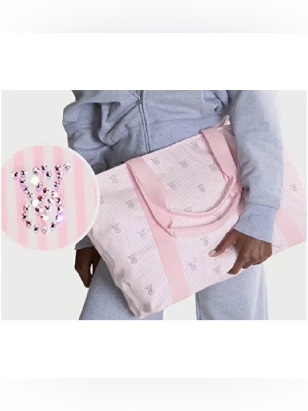 NEW!VS Pink Striped rhinestone Tote travel Bag